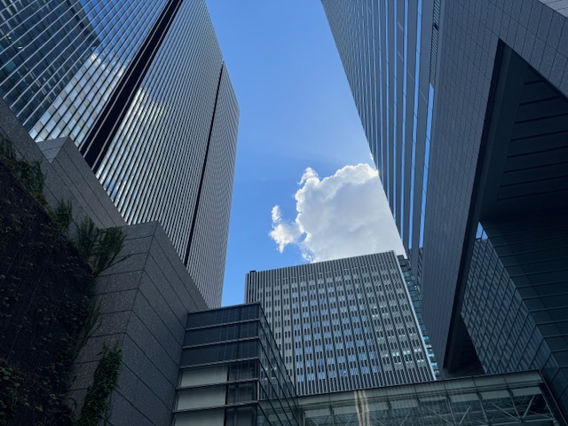 虎ノ門エリアの空を写した写真。空の面積がせまいと感じるくらいに高層ビルが立ちならんでいます