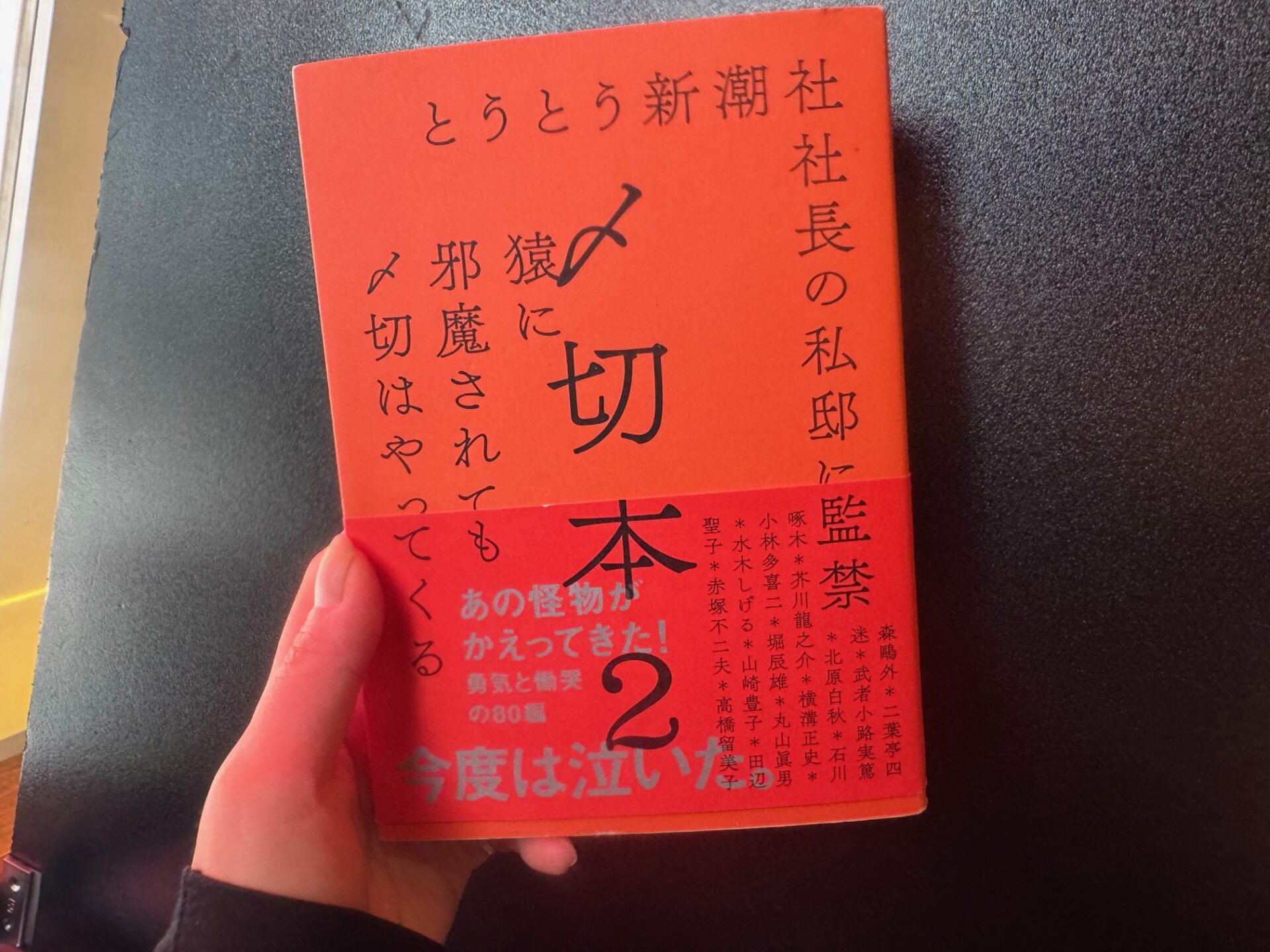 ちょっとした辞書くらいのあつさの「しめきりぼんツー」を手で持った写真。赤い表紙に黒いみんちょうたいのような文字でタイトルと、「とうとうしんちょうしゃ社長のしていに監禁」「さるに邪魔されてもしめきりわやってくる」という、せっぱつまったせんじんのひとことがかかれています