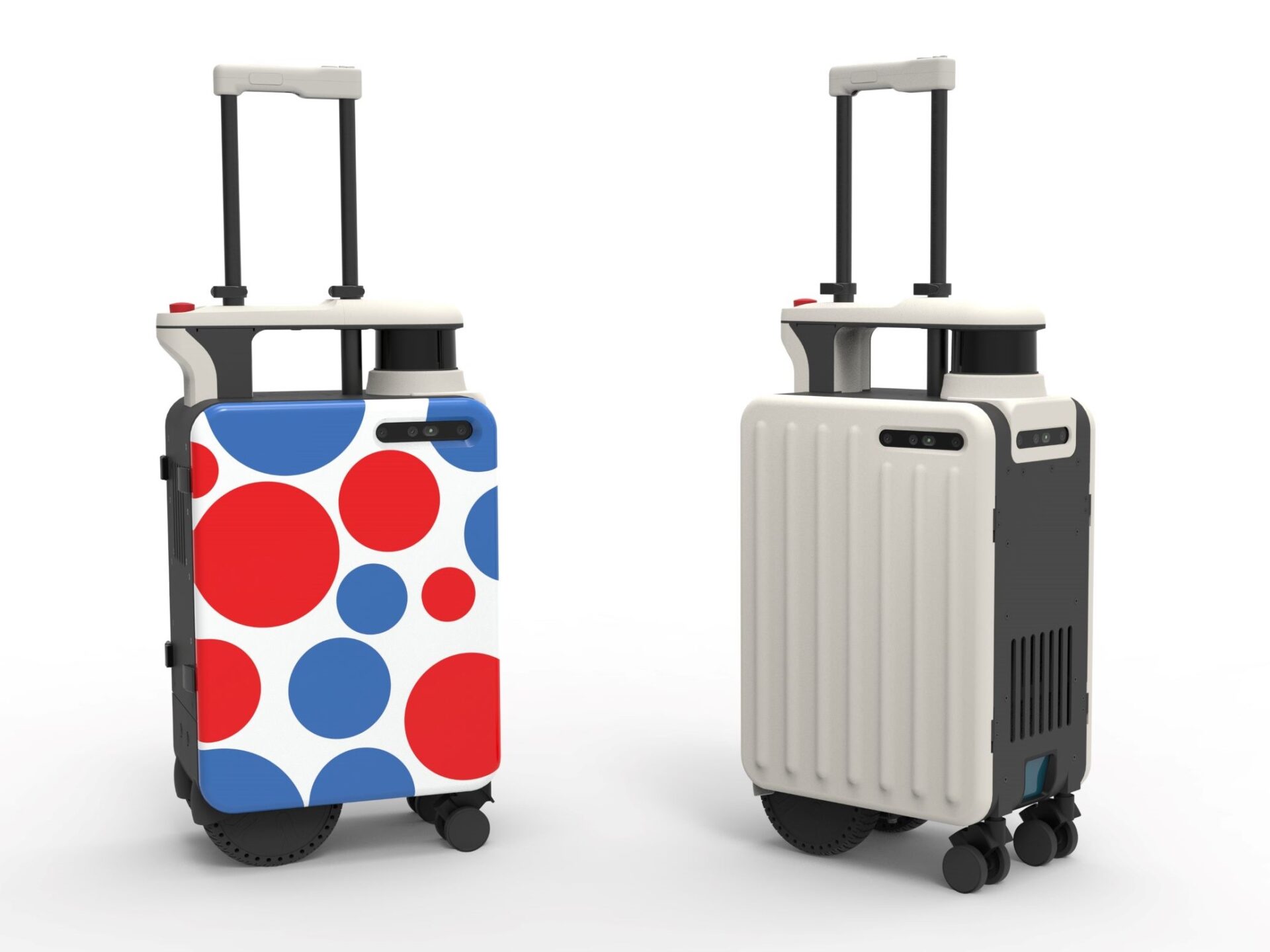 エーアイスーツケースの万博特別モデルのイメージ画像。みためはこれまでの屋内用のエーアイスーツケースとほぼかわりませんが、スーツケース本体にしろじに赤や青の大小さまざまな大きさの水玉模様があしらわれており、カジュアルなイメージのみためとなっています