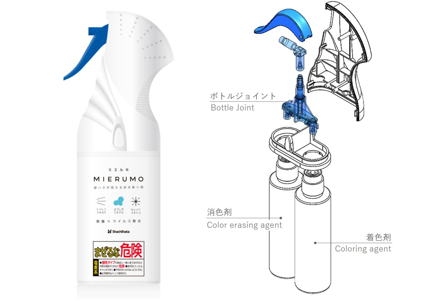 ミエルモの商品写真とスプレーの構造図