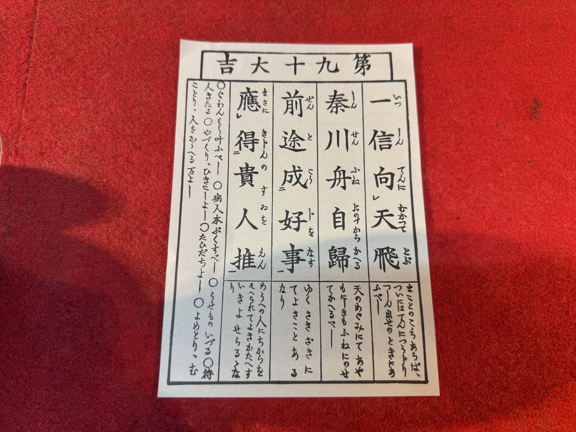 浅草寺おみくじ「第九十大吉」の写真。白いかみに「教えごと」と呼ばれるものが様々書かれています