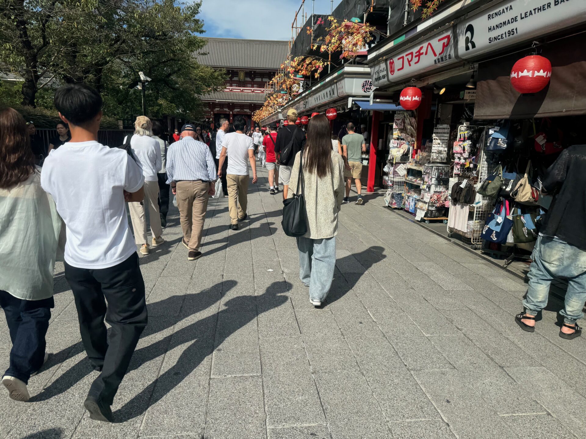 昼の浅草寺おもてさんどう。かなりの参拝者がいて、大変賑わっており、海外の人も多いです。参道横には様々なお店が混在しています