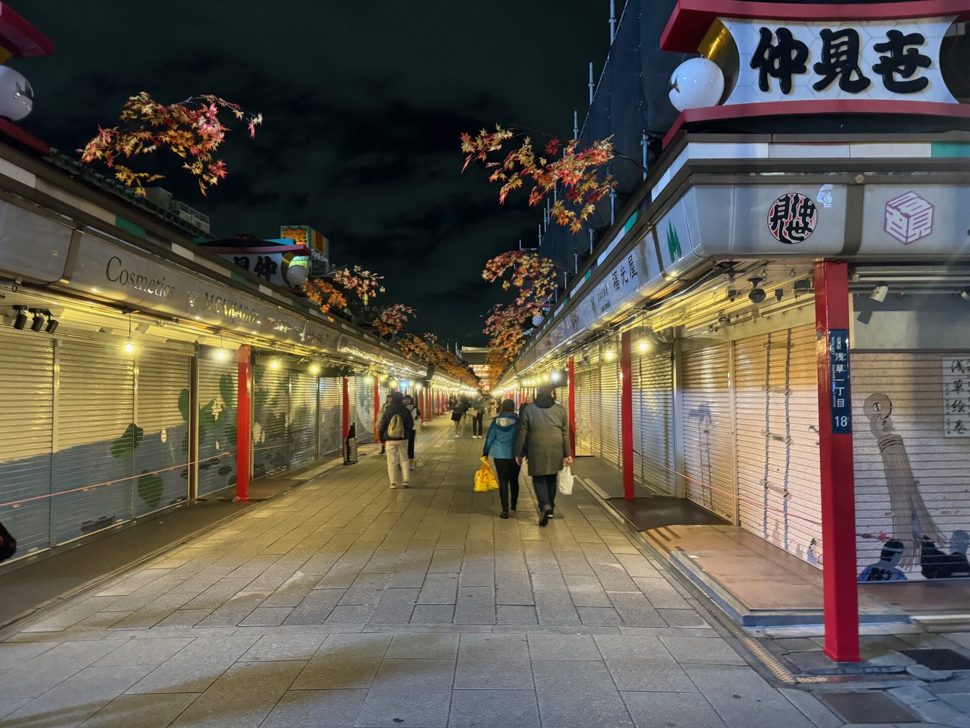 夜の浅草寺おもてさんどう。歩く人はまばらです。店舗のシャッターわおりていますが参道はライトアップされ、その光が厳かな雰囲気を醸し出しています